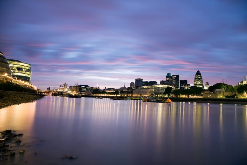 Dawn light over the Thames, City Hall and the Gherkin across the water